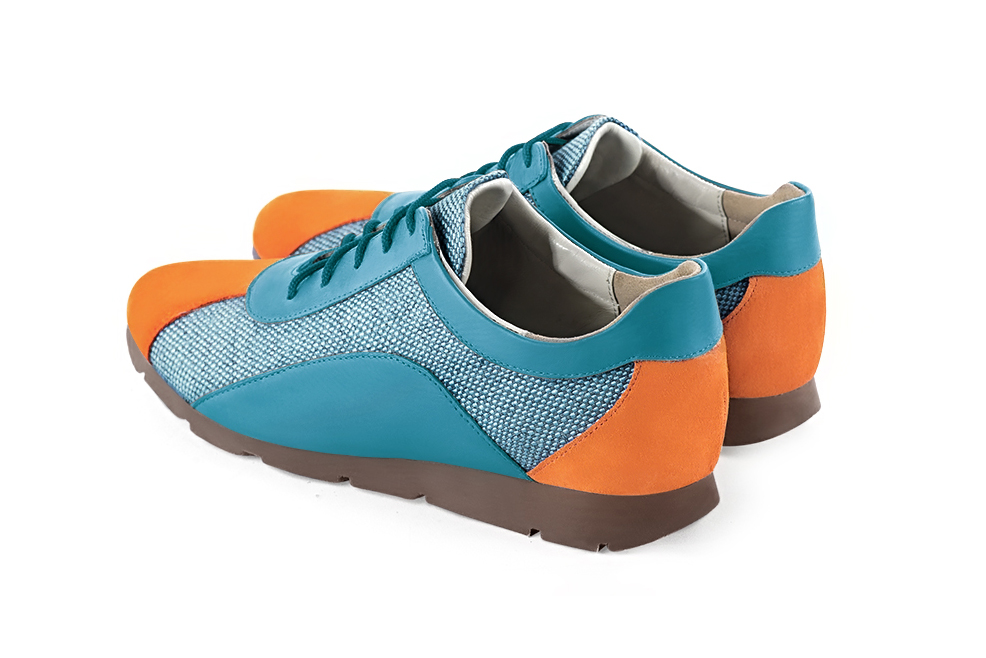 Apricot orange and peacock blue women's two-tone elegant sneakers. Round toe. Flat rubber soles. Rear view - Florence KOOIJMAN